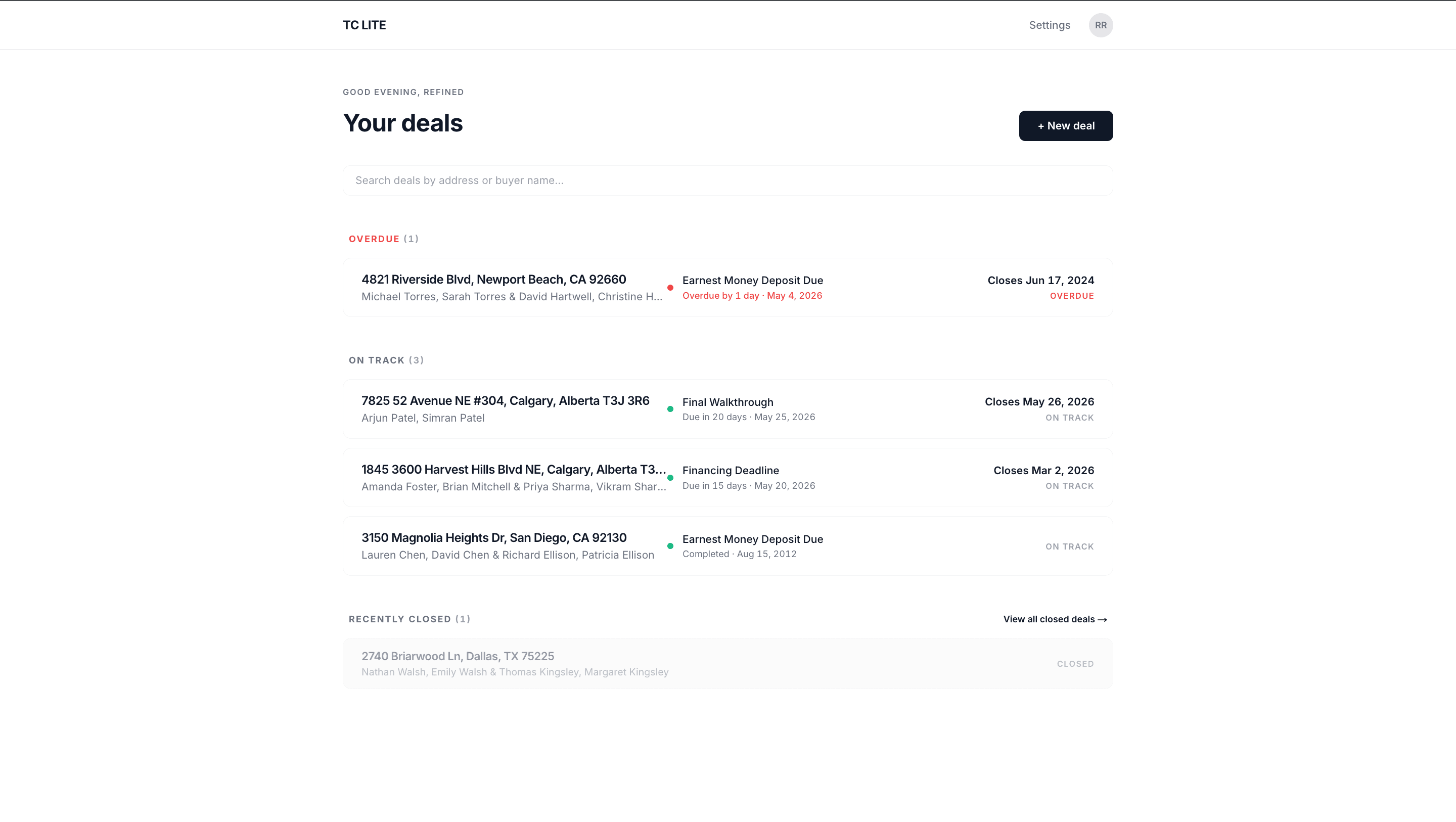 TC Lite agent dashboard showing active deals and milestones